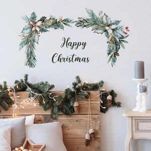 Happy Christmas Wall Sticker Removable PVC Decal With Holly Leaves Red Berry Pine For Bedroom Living Room Decor Holiday Party