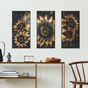 Set di tre quadri decorativi con girasoli neri e oro con texture in rilievo elegante