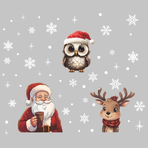 Stickers de Noël pour vitres avec Père Noël, hibou et élan sur fond de neige