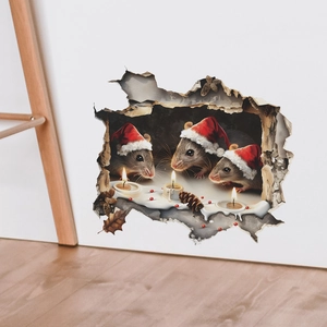3D Weihnachts-Wandsticker mit süßen Mäusen, Hüten und Kerzen im Loch-Design