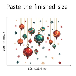 Christmas wall decal with colorful hanging ornaments and size guide for home decoration