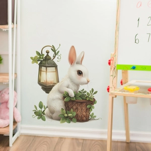 Cartoon white rabbit with vintage lantern and green plants wall sticker for home decor