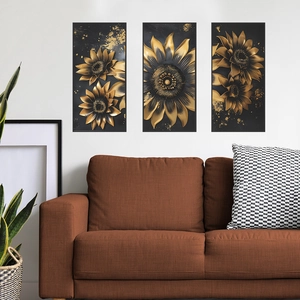 Set di 3 decorazioni murali con girasoli nero e oro per un soggiorno moderno