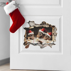 3D-Weihnachtswandaufkleber mit Mäusen, Kerzen und Hüten in einem Mauerdurchbruch-Effekt