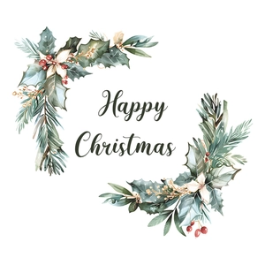 Watercolor Christmas wall sticker with Happy Christmas slogan and holly berry motifs