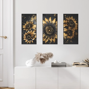 Set di 3 quadri moderni con fiori neri e oro per arredamento soggiorno e camera letto