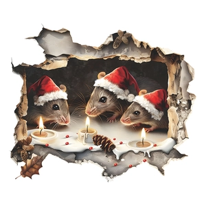 3D-Weihnachtswandsticker mit Mäusen in Weihnachtsmützen und Kerzen durch einen Wanddurchbruch