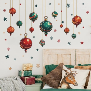 Christmas wall decal set with red and gold baubles and stars for cozy bedroom decoration