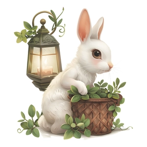 Cartoon rabbit with green potted plant and vintage lantern wall sticker for home decor