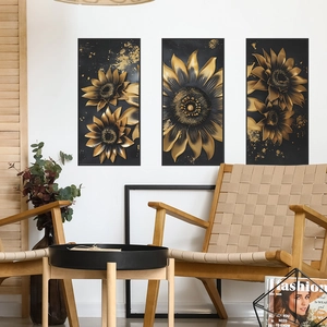 Set di tre quadri moderni con girasoli nero e oro per la decorazione del soggiorno