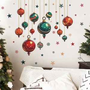 Christmas wall decals with colorful hanging balls, stars, and snowflakes for home decor