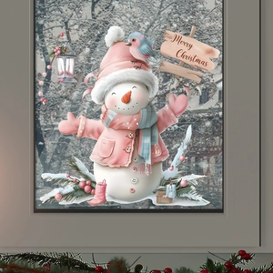Adesivo da Parete Pupazzo di Neve di Natale Rosa PVC Merry Christmas Vetrofania per Soggiorno Camera da Letto Casa Decorazione