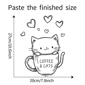Adesivo murale autoadesivo con gatto in tazza da caffè e dimensioni di circa 27x20cm