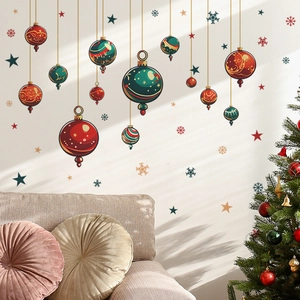 Christmas wall decals with colorful hanging balls, stars and snowflakes for home decor