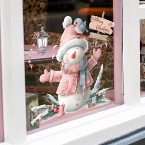 Adesivo murale pupazzo di neve rosa con cartello Merry Christmas e uccelli festivi