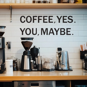 Minimalist black coffee wall sticker COFFEE YES YOU MAYBE on white brick tile