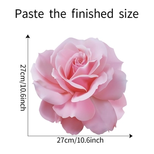 Detailed size specifications for pink rose bathroom wall sticker measuring 27cm by 27cm