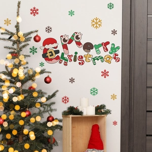Festive Merry Christmas wall stickers with colorful snowflakes and cartoon holiday icons