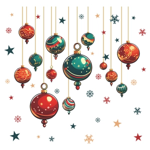 Christmas wall stickers featuring red and gold hanging ornaments with stars and snowflakes