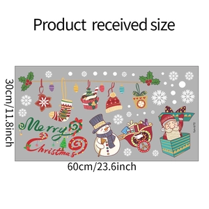 Detail showing 30x60cm Christmas window stickers with Santa, snowman and gift box motifs