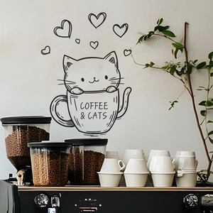 Adesivo murale con gatto in tazza di caffè per decorazione cucina con cuori e testo