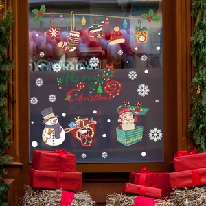 Christmas tree window static stickers with Merry Christmas banner and cute snowman decor