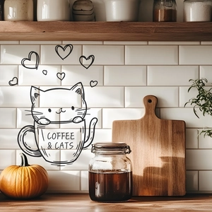 Adesivo murale gatto carino in tazza da caffè con cuori per decorazioni casa e bar