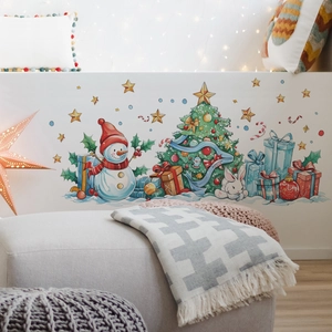 Christmas wall stickers with snowman and tree motifs on a living room wall