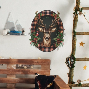 Christmas wall sticker with reindeer, red berries and bird in rustic buffalo plaid frame