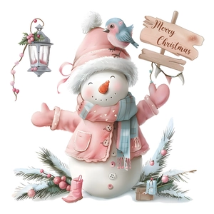 Adesivo murale pupazzo di neve rosa con uccellino blu e scritta Merry Christmas