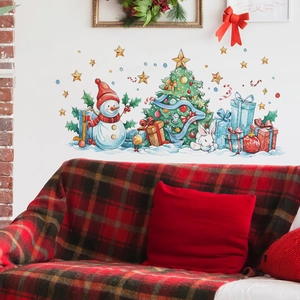 Christmas wall stickers with snowman, tree and gift boxes for cozy living room decor