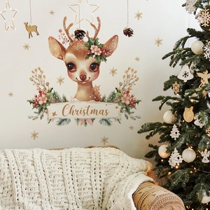 Christmas reindeer wall sticker with wreath and pine cones on a cozy white living room wall