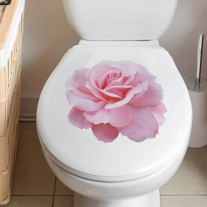 Pink blooming rose decorative waterproof sticker on a white ceramic toilet cover