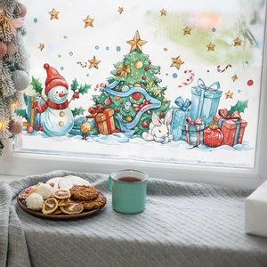 Christmas wall stickers featuring snowman and tree in a warm cozy winter window setting