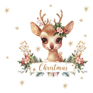 Christmas deer wall sticker with floral wreath, holly berries and gold snowflakes