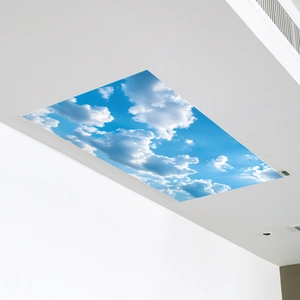 Close-up of blue sky and cloud ceiling stickers in a modern white interior setting