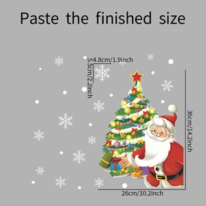Detailed sheet of Santa and Christmas tree window stickers with exact size measurements