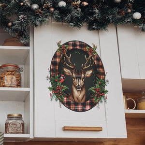 Christmas reindeer wall sticker with red plaid border and berries on white cabinet door