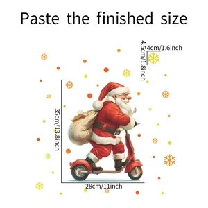 Detail showing dimensions of Santa Claus riding a scooter with snowflakes window stickers