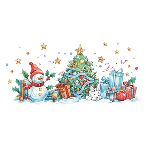 Christmas wall stickers featuring snowman, decorated tree, rabbit and gift boxes in hand-drawn style