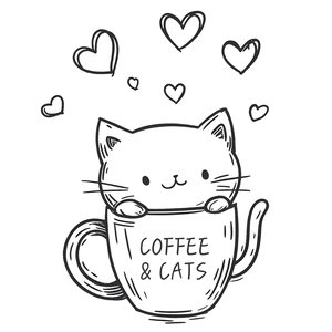 Adesivo murale gatto in tazza di caffè con scritta Coffee & Cats e piccoli cuori