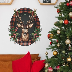Christmas reindeer wall sticker with red berries and plaid frame in a cozy living room decor