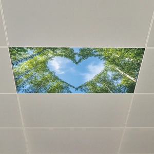 Detail of heart-shaped canopy ceiling sticker with green trees and blue sky scenery