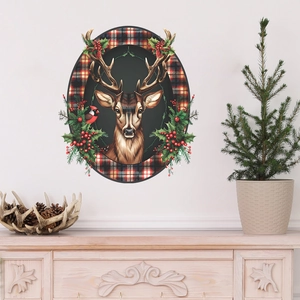Detailed Christmas wall sticker featuring a reindeer and cardinal on a white wall decor