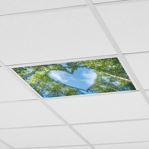 Ceiling sticker detail showing lush green trees forming a heart shape against blue sky