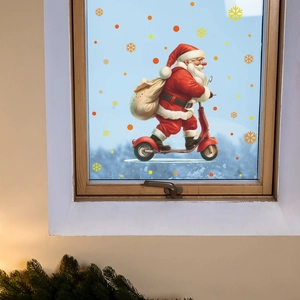 Christmas window sticker showing Santa riding a red scooter with festive snowflakes