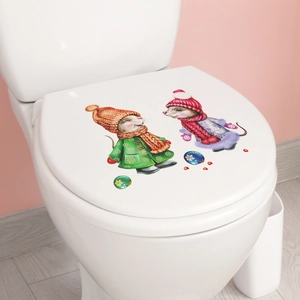 Cartoon mouse toilet lid sticker with colorful winter scarves and snow theme decoration