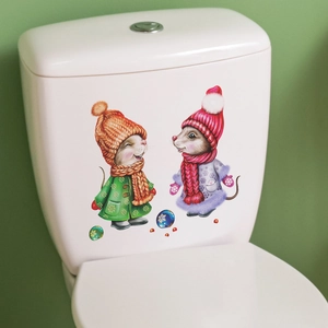 Cartoon winter mice wall stickers for bathroom toilet decor with scarf and hat graphics