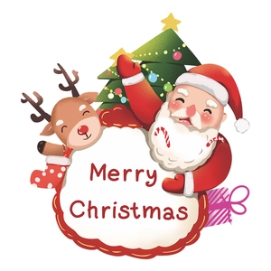 Christmas window stickers featuring Santa Claus, reindeer, and Merry Christmas greeting
