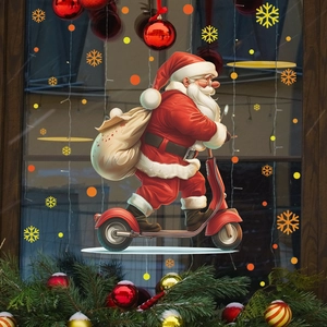 Cartoon Santa riding a red scooter window decal with gifts on snowy glass pane
